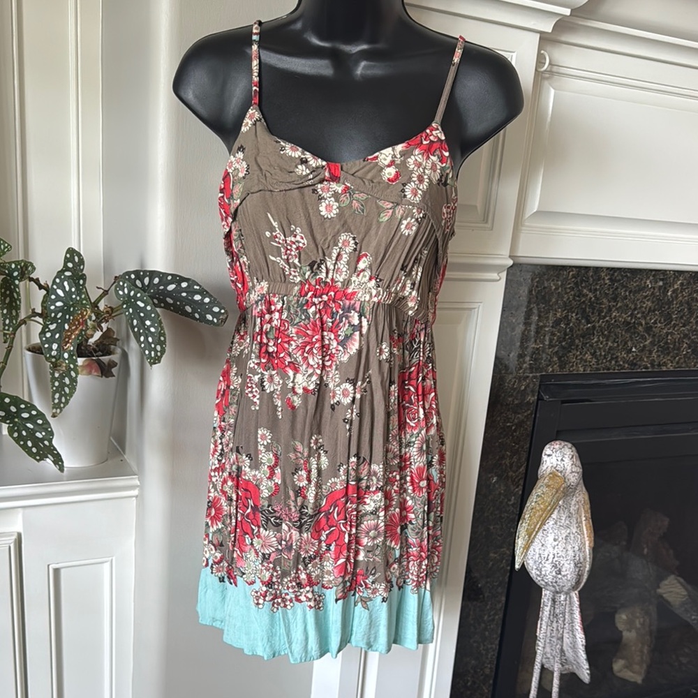 Floral Spaghetti Strap Sundress with Aqua Hem